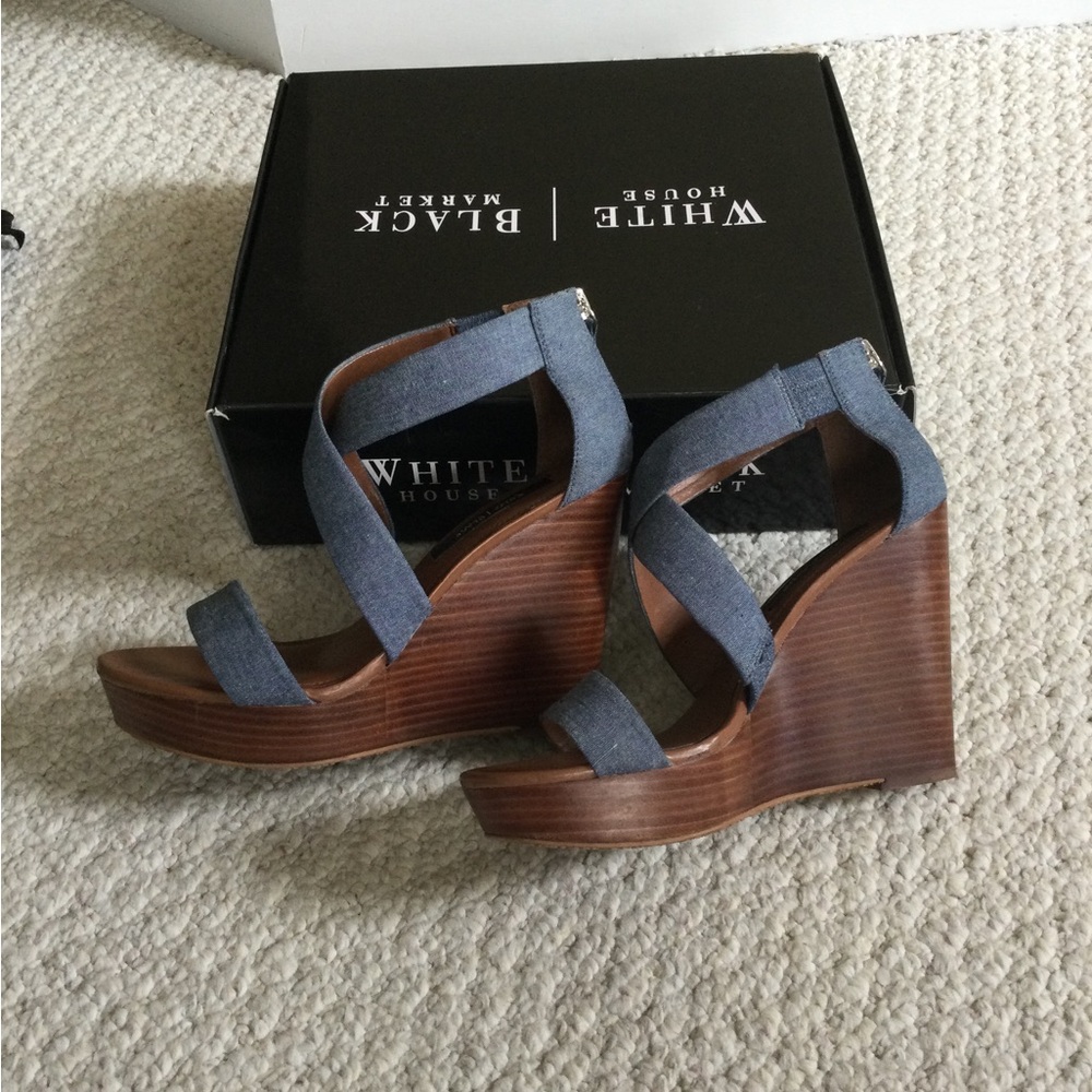 White House Black Market Blue Denim Wedge Sandals - Picture 5 of 6
